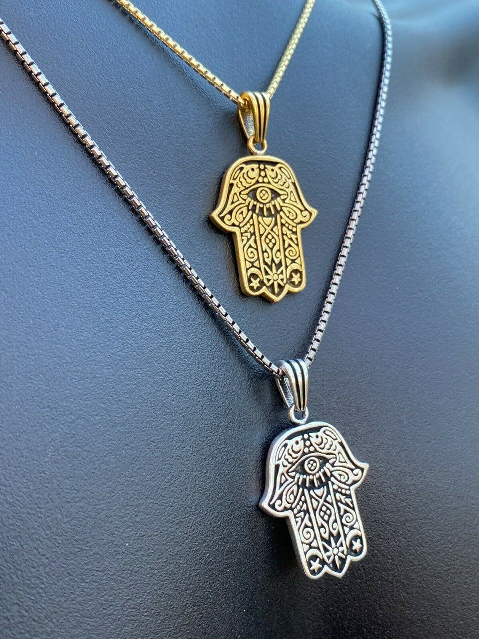 Solid 925 Sterling Silver Hamsa Hand Of Fatima Pendant Gold Necklace Large 1.75