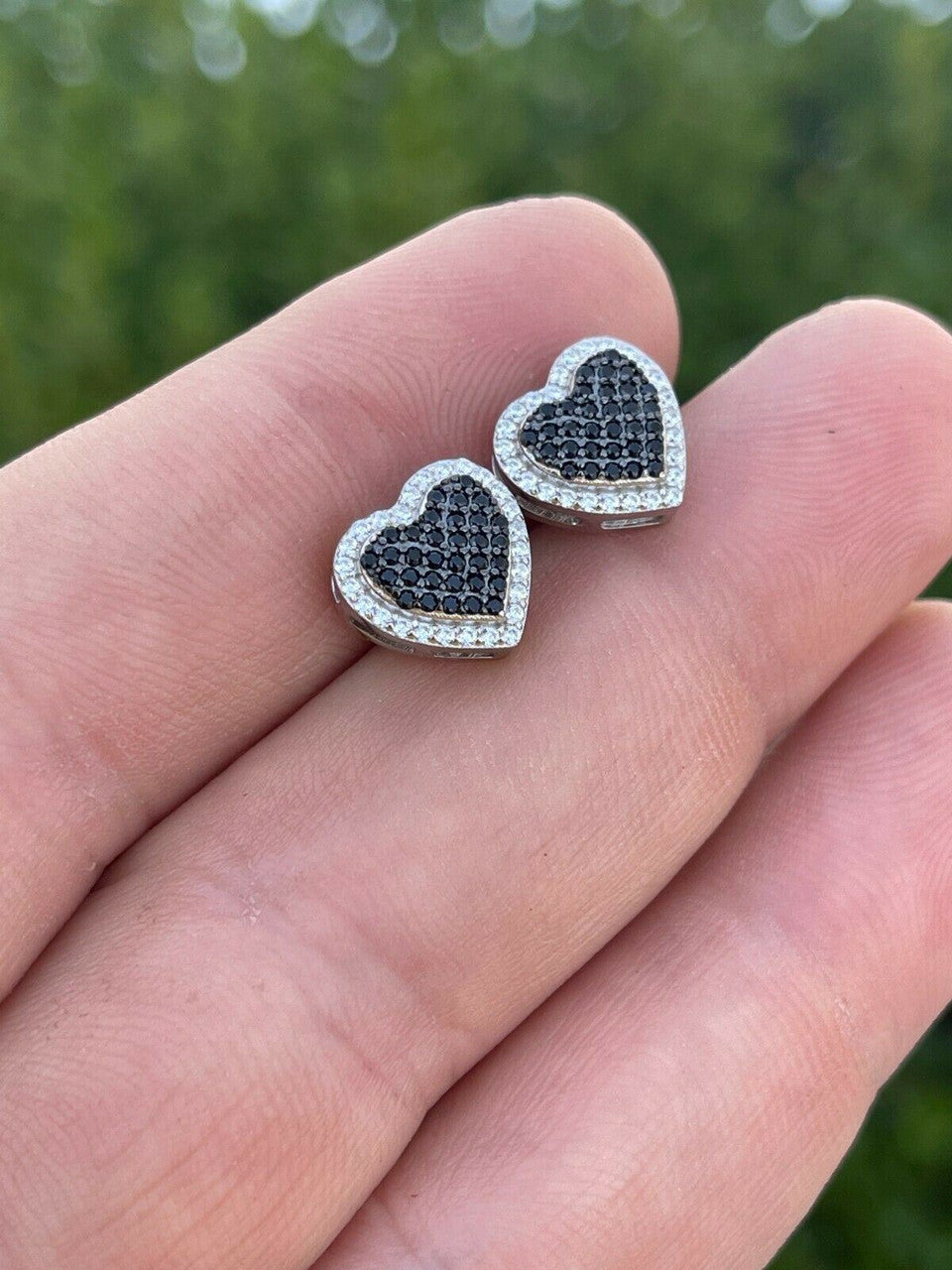 Solid 925 Sterling Silver Iced Heart Stud Earrings Black Diamond Hip Hop 10mm