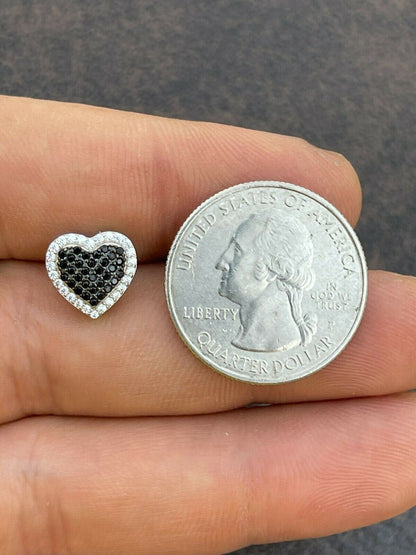 Solid 925 Sterling Silver Iced Heart Stud Earrings Black Diamond Hip Hop 10mm