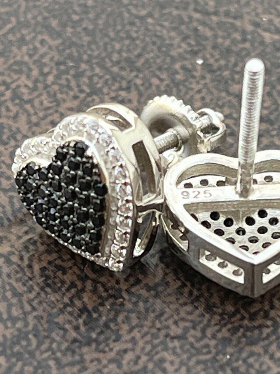 Solid 925 Sterling Silver Iced Heart Stud Earrings Black Diamond Hip Hop 10mm