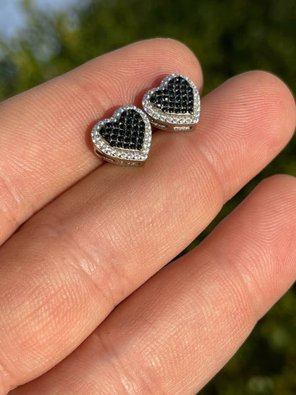 Solid 925 Sterling Silver Iced Heart Stud Earrings Black Diamond Hip Hop 10mm