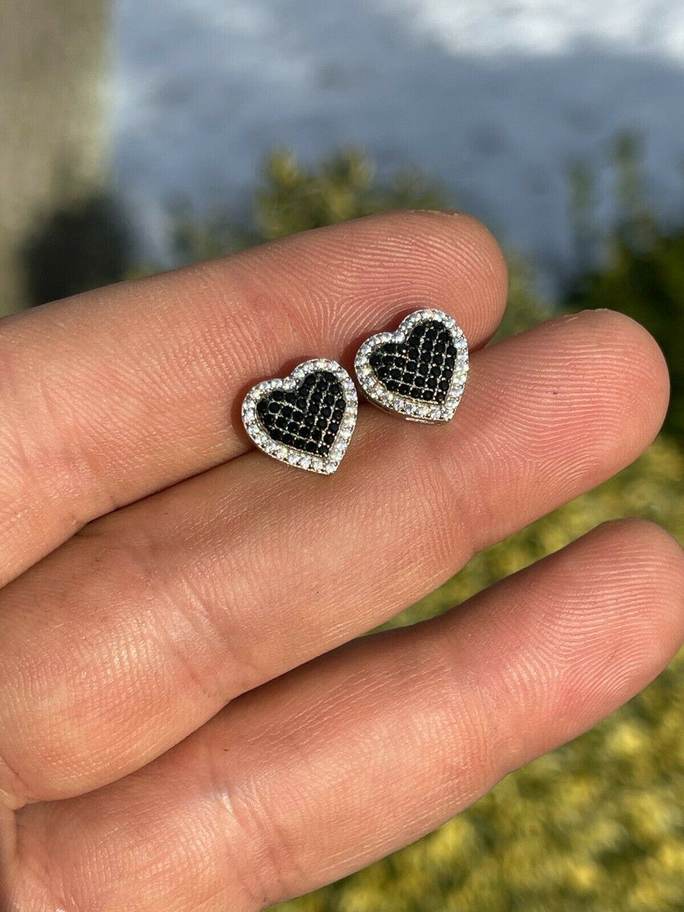 Solid 925 Sterling Silver Iced Heart Stud Earrings Black Diamond Hip Hop 10mm