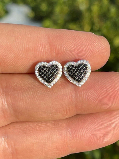 Solid 925 Sterling Silver Iced Heart Stud Earrings Black Diamond Hip Hop 10mm