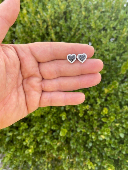 Solid 925 Sterling Silver Iced Heart Stud Earrings Black Diamond Hip Hop 10mm