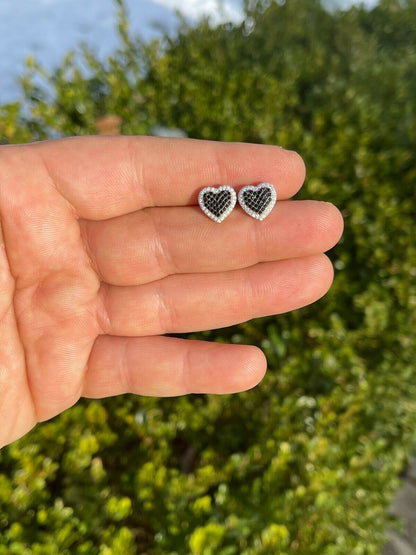 Solid 925 Sterling Silver Iced Heart Stud Earrings Black Diamond Hip Hop 10mm