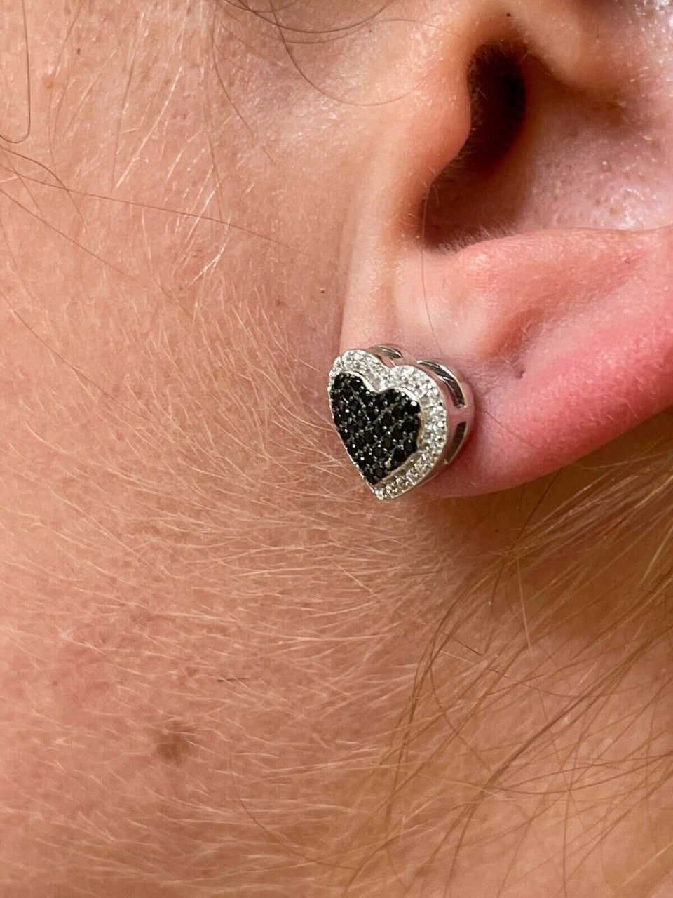 Solid 925 Sterling Silver Iced Heart Stud Earrings Black Diamond Hip Hop 10mm