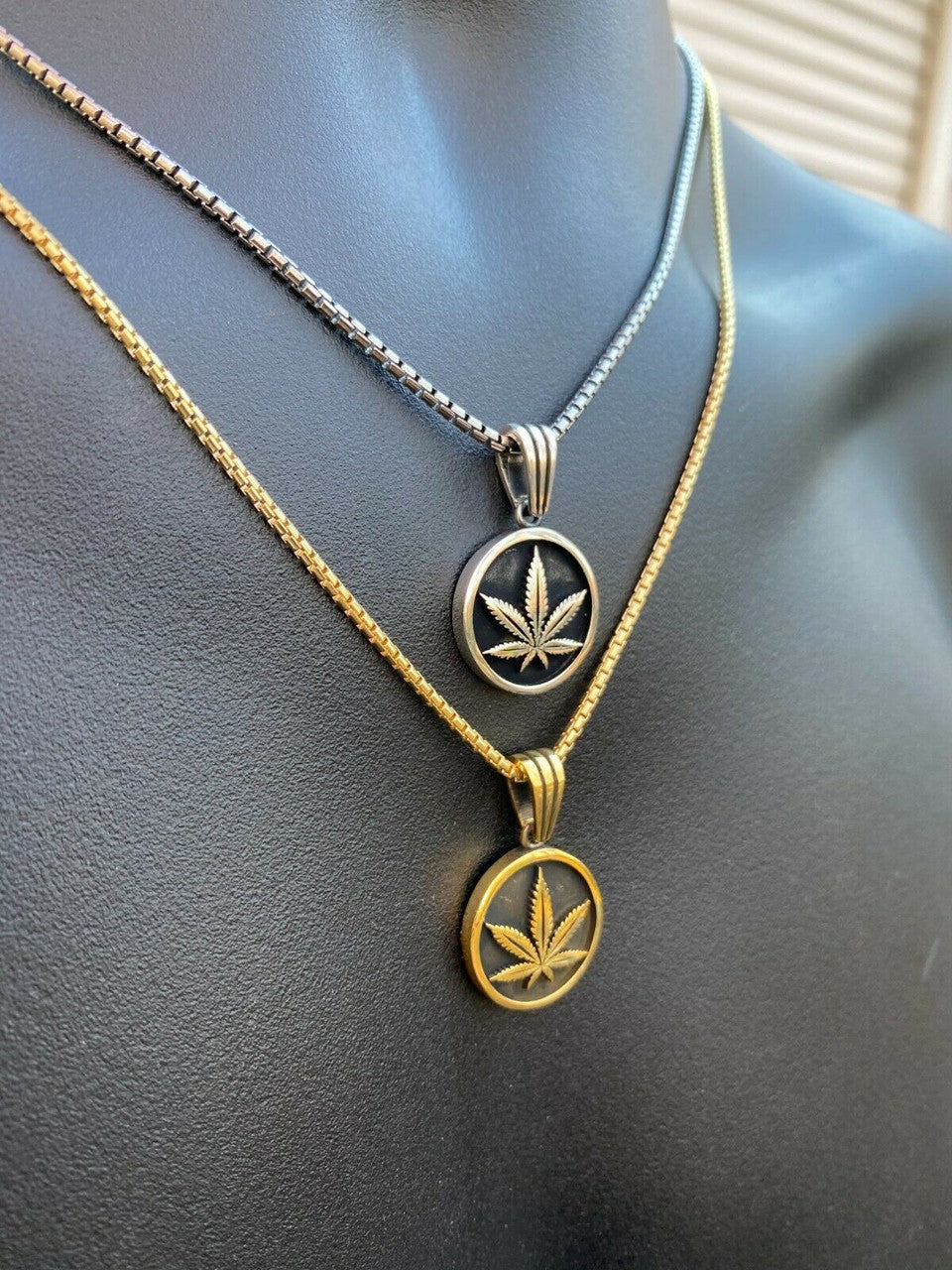 Solid 925 Sterling Silver Marijuana Weed Leaf Pendant Gold Necklace Medallion