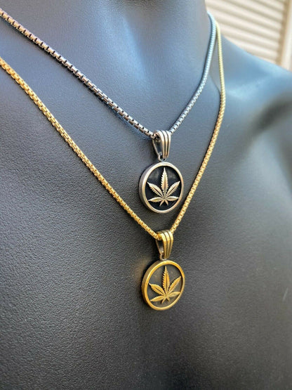 Solid 925 Sterling Silver Marijuana Weed Leaf Pendant Gold Necklace Medallion