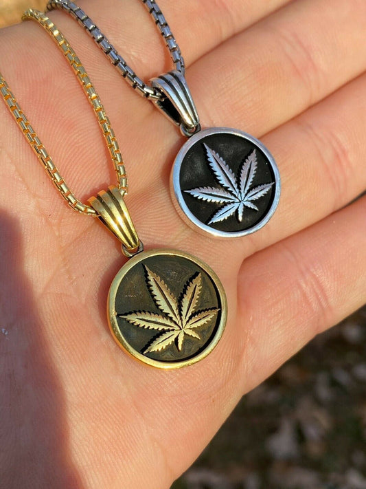 Solid 925 Sterling Silver Marijuana Weed Leaf Pendant Gold Necklace Medallion