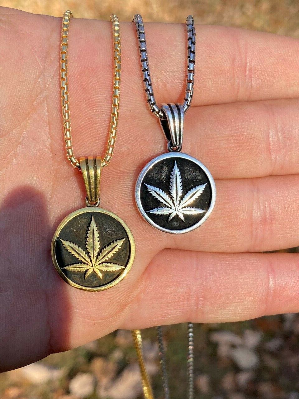 Solid 925 Sterling Silver Marijuana Weed Leaf Pendant Gold Necklace Medallion