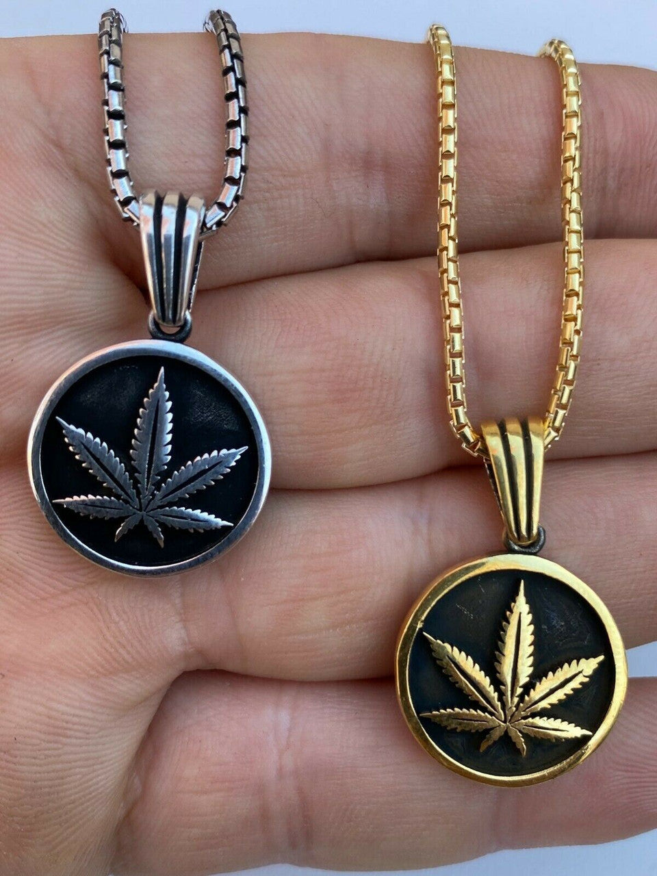 Solid 925 Sterling Silver Marijuana Weed Leaf Pendant Gold Necklace Medallion