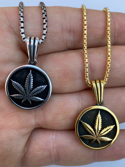 Solid 925 Sterling Silver Marijuana Weed Leaf Pendant Gold Necklace Medallion