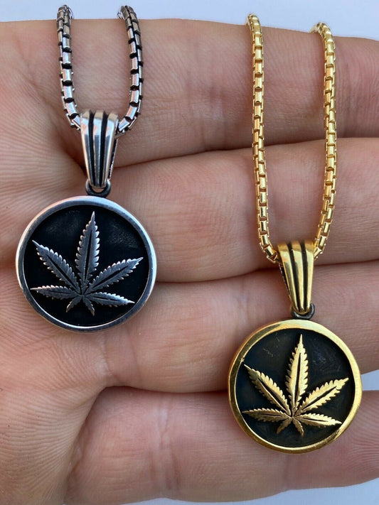 Solid 925 Sterling Silver Marijuana Weed Leaf Pendant Gold Necklace Medallion