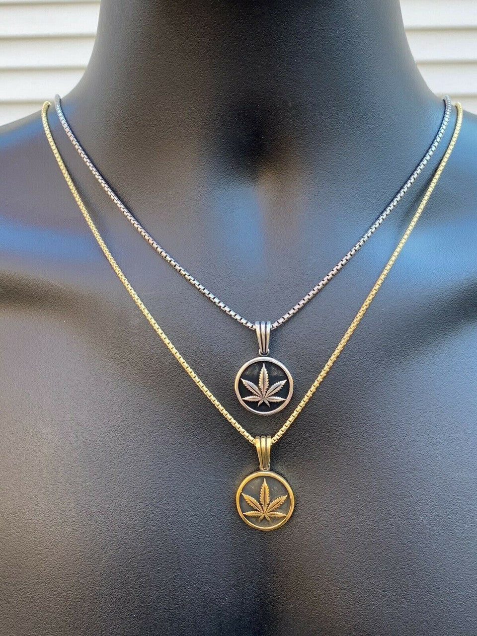 Solid 925 Sterling Silver Marijuana Weed Leaf Pendant Gold Necklace Medallion