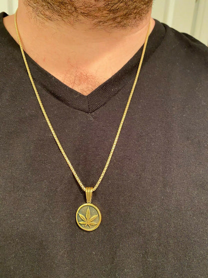 Solid 925 Sterling Silver Marijuana Weed Leaf Pendant Gold Necklace Medallion