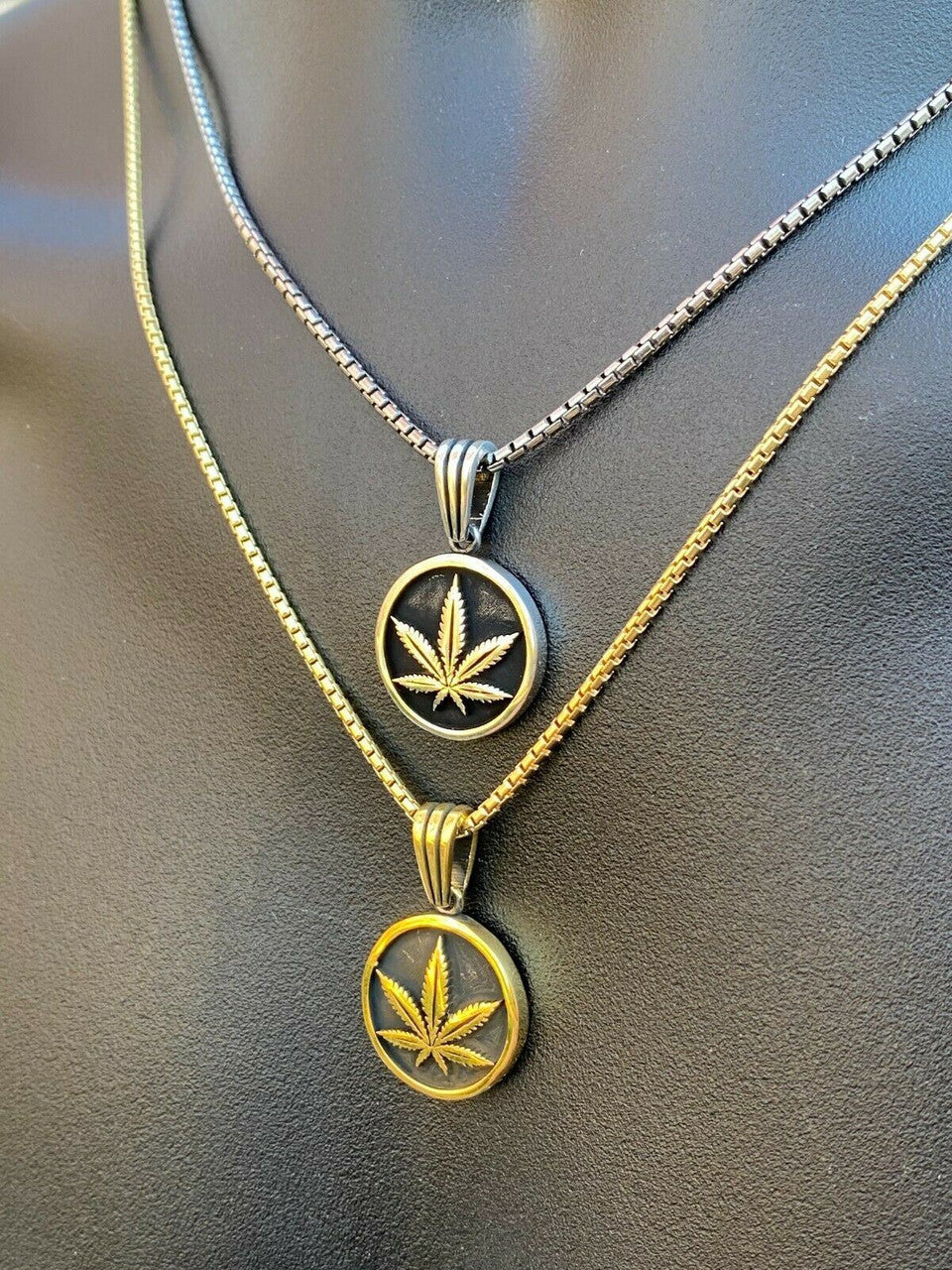 Solid 925 Sterling Silver Marijuana Weed Leaf Pendant Gold Necklace Medallion