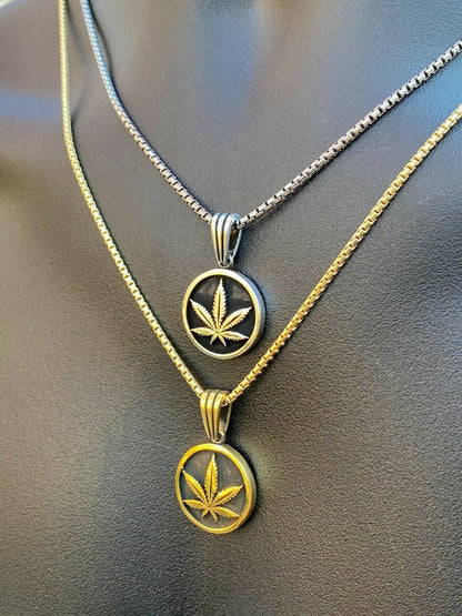 Solid 925 Sterling Silver Marijuana Weed Leaf Pendant Gold Necklace Medallion