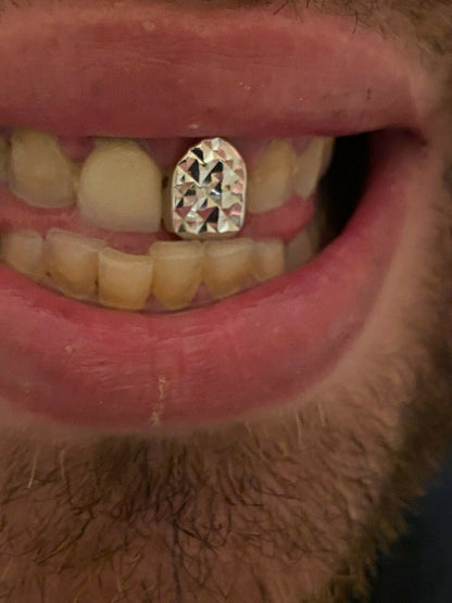 SOLID 925 Sterling Silver Single Tooth Grillz Hip Hop Grill Cap Diamond Cut REAL