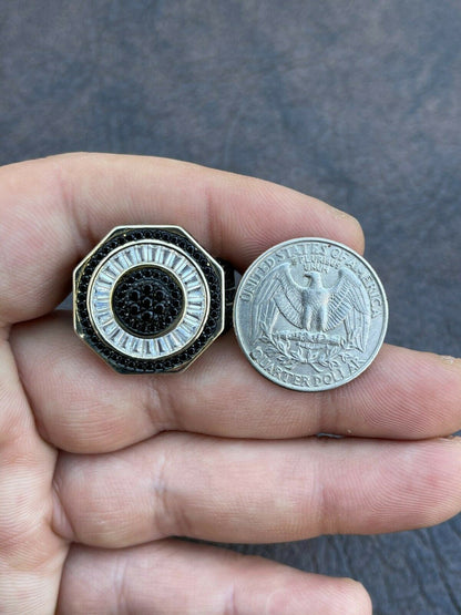 Solid Real 925 Sterling Silver and 14k Gold Iced Black Diamond Baguette Pinky Ring