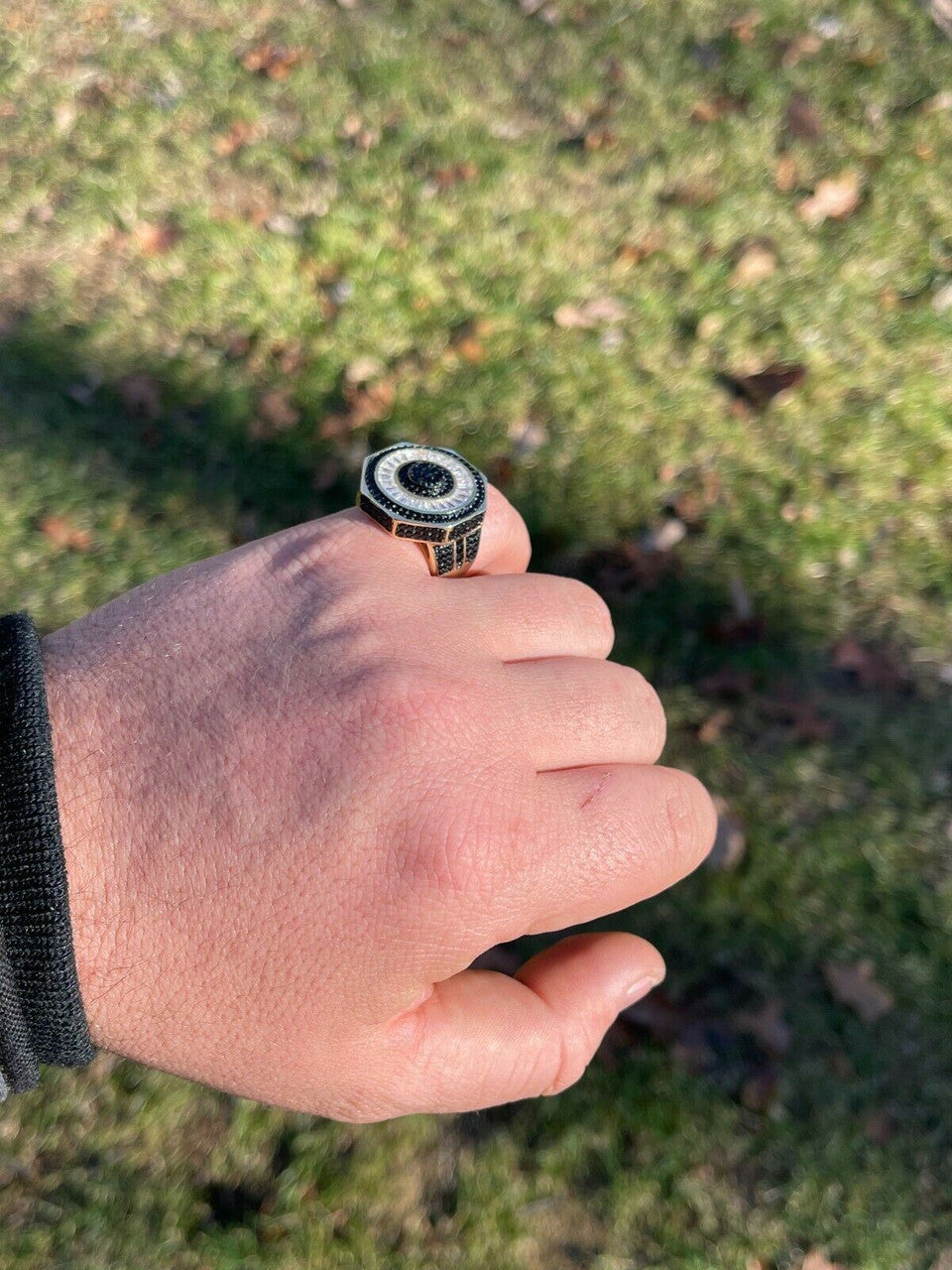 Solid Real 925 Sterling Silver and 14k Gold Iced Black Diamond Baguette Pinky Ring