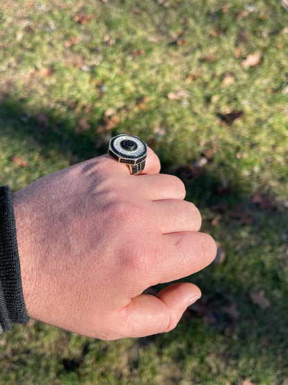 Solid Real 925 Sterling Silver and 14k Gold Iced Black Diamond Baguette Pinky Ring