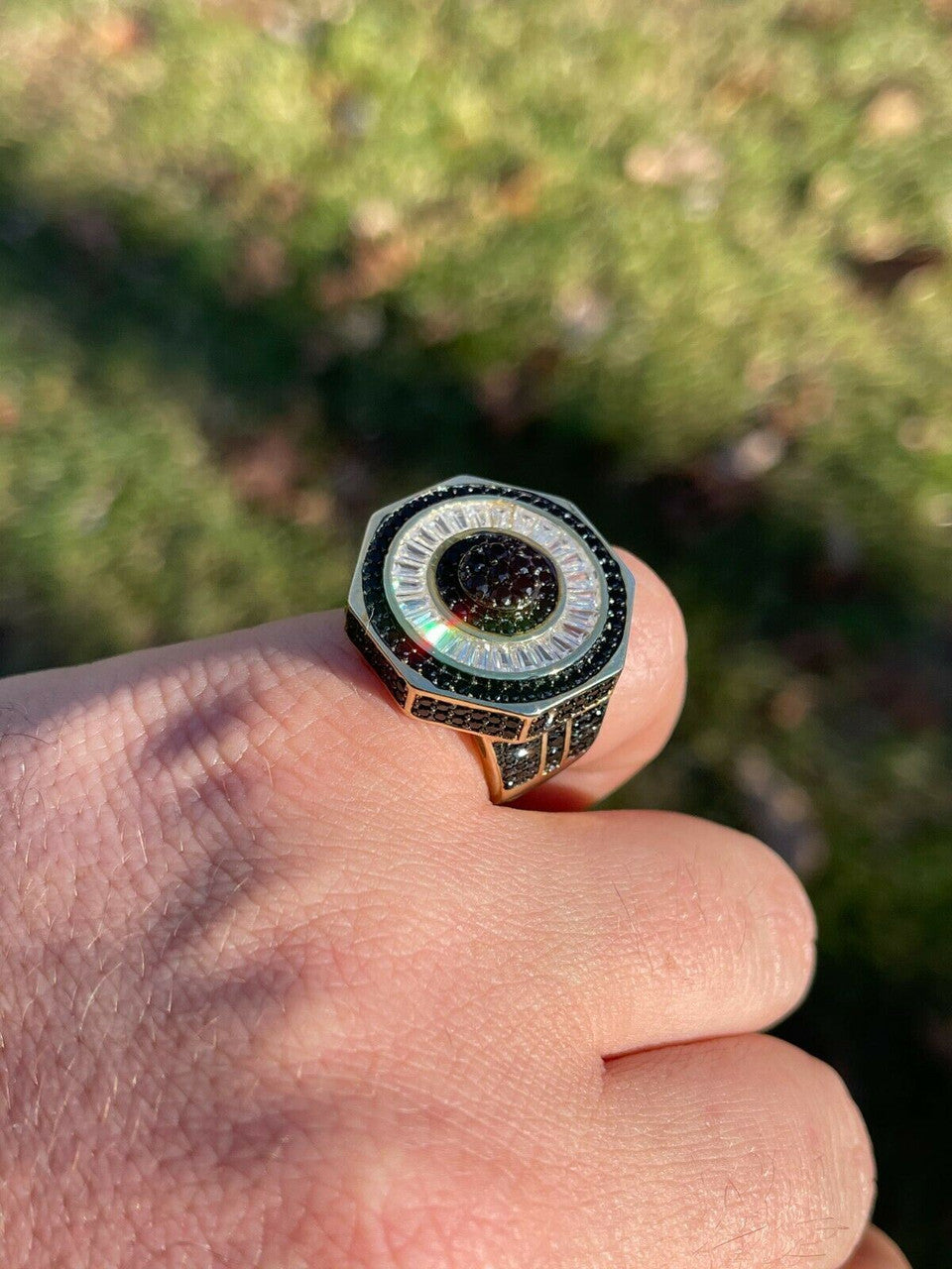 Solid Real 925 Sterling Silver and 14k Gold Iced Black Diamond Baguette Pinky Ring