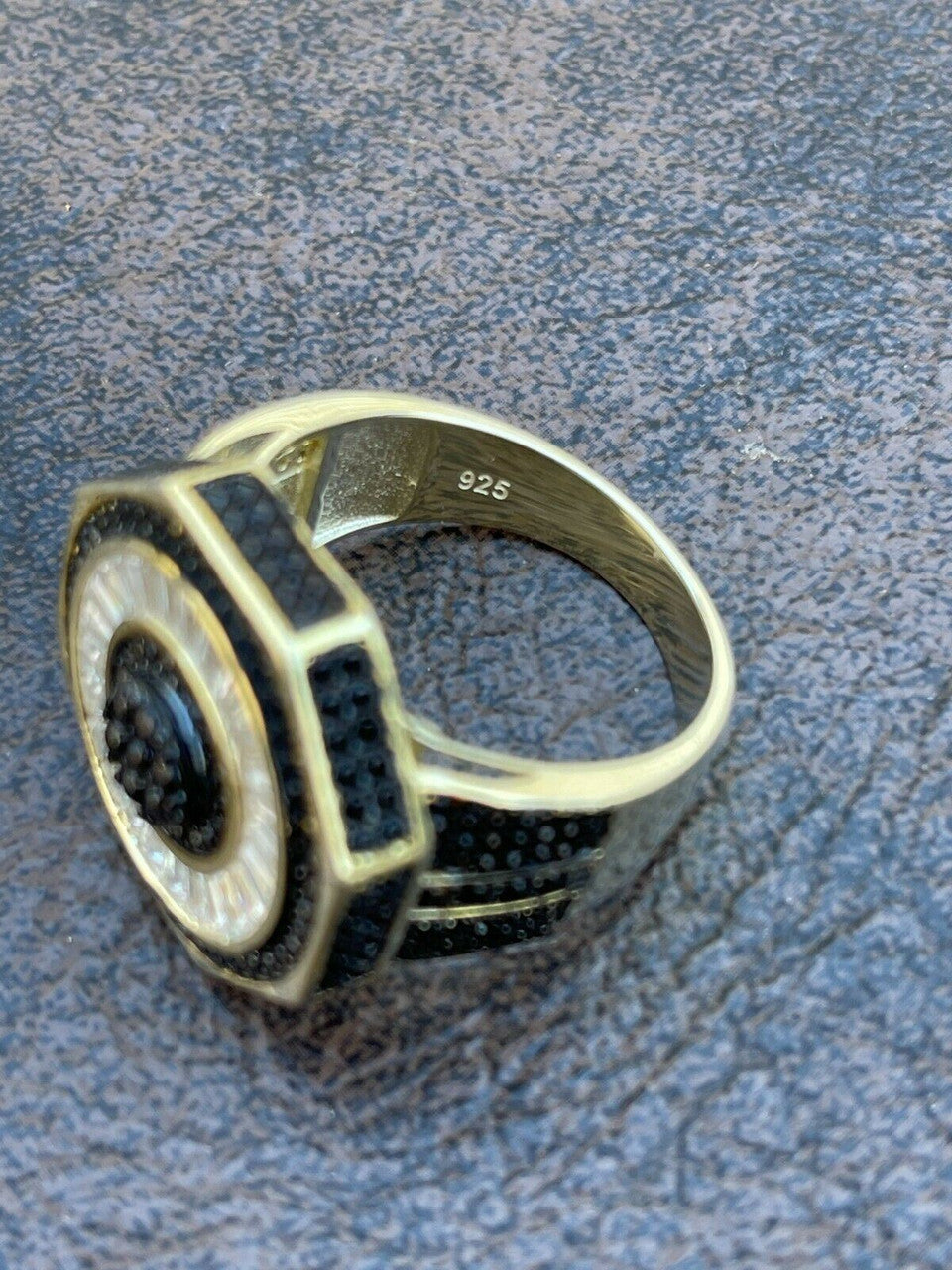 Solid Real 925 Sterling Silver and 14k Gold Iced Black Diamond Baguette Pinky Ring