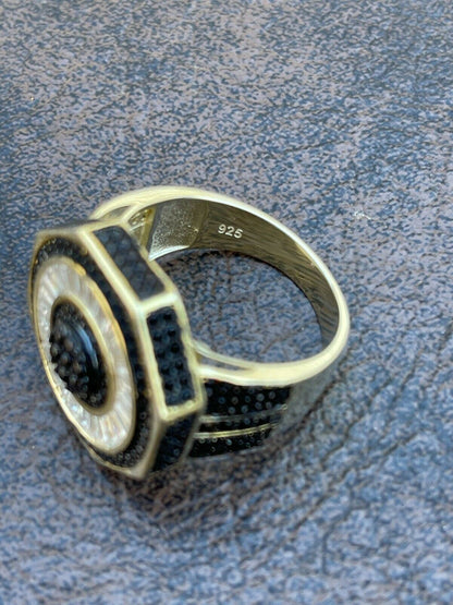 Solid Real 925 Sterling Silver and 14k Gold Iced Black Diamond Baguette Pinky Ring