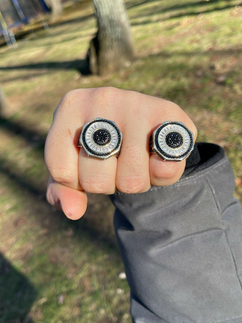 Solid Real 925 Sterling Silver and 14k Gold Iced Black Diamond Baguette Pinky Ring