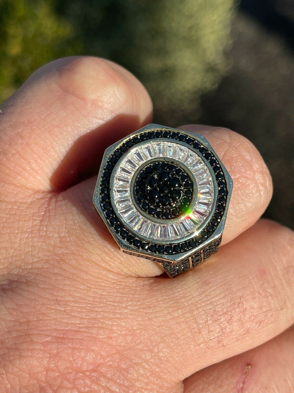 Solid Real 925 Sterling Silver and 14k Gold Iced Black Diamond Baguette Pinky Ring