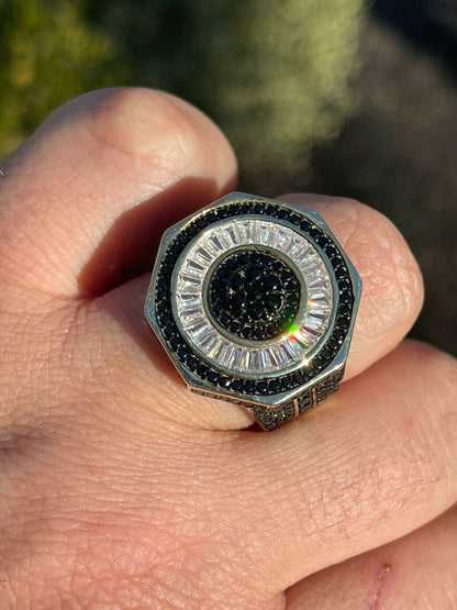 Solid Real 925 Sterling Silver and 14k Gold Iced Black Diamond Baguette Pinky Ring