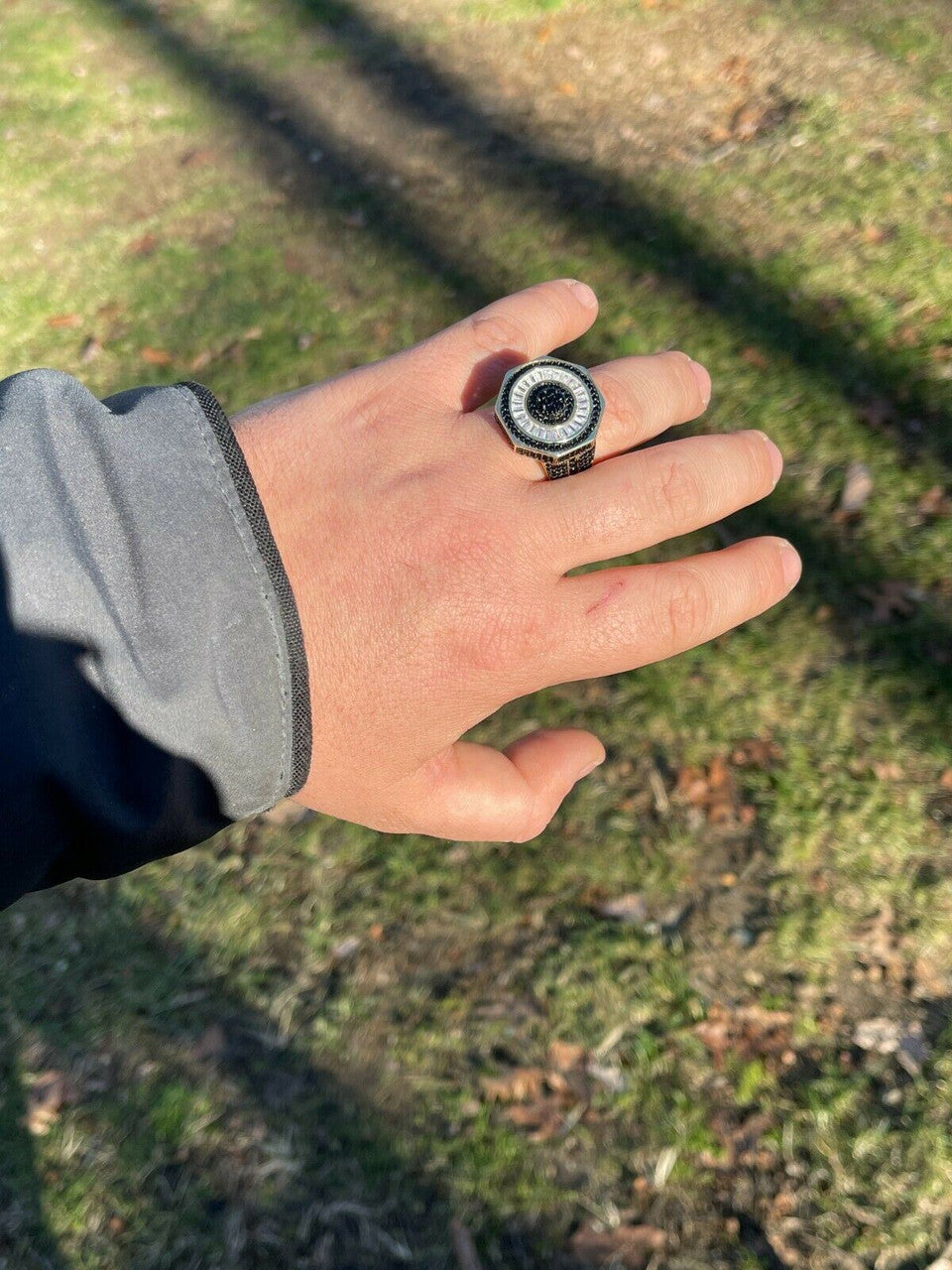 Solid Real 925 Sterling Silver and 14k Gold Iced Black Diamond Baguette Pinky Ring