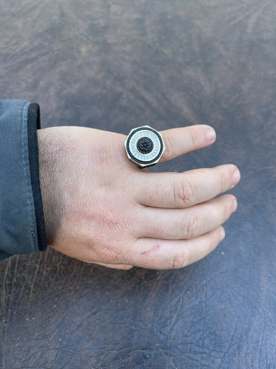 Solid Real 925 Sterling Silver and 14k Gold Iced Black Diamond Baguette Pinky Ring