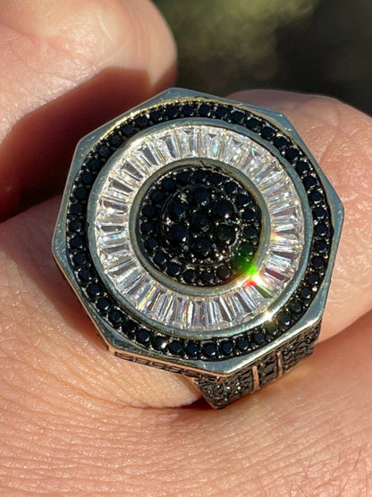 Solid Real 925 Sterling Silver and 14k Gold Iced Black Diamond Baguette Pinky Ring