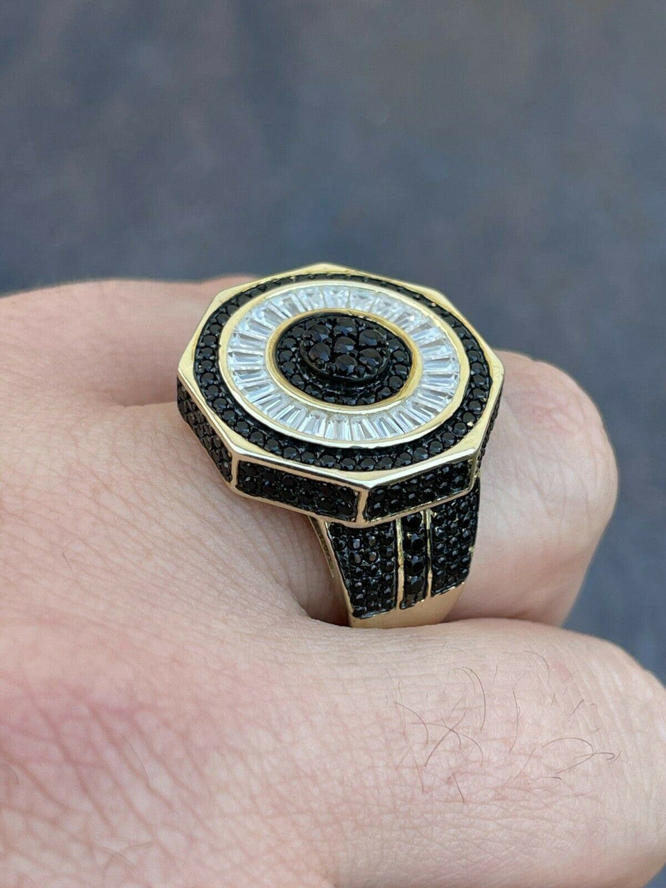 Solid Real 925 Sterling Silver and 14k Gold Iced Black Diamond Baguette Pinky Ring