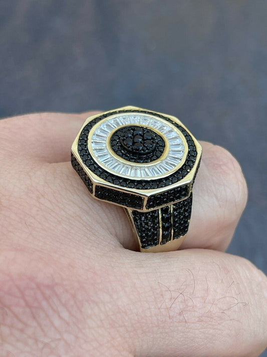 Solid Real 925 Sterling Silver and 14k Gold Iced Black Diamond Baguette Pinky Ring