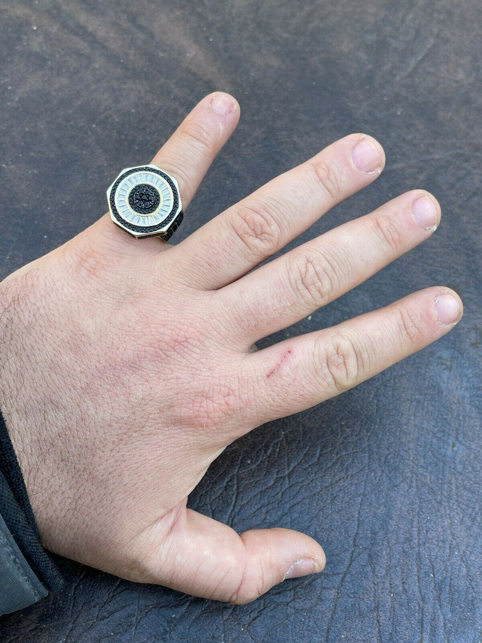 Solid Real 925 Sterling Silver and 14k Gold Iced Black Diamond Baguette Pinky Ring