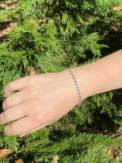 Tennis Bracelet SOLID 925 Sterling Silver Single Row Diamond and Blue Sapphire