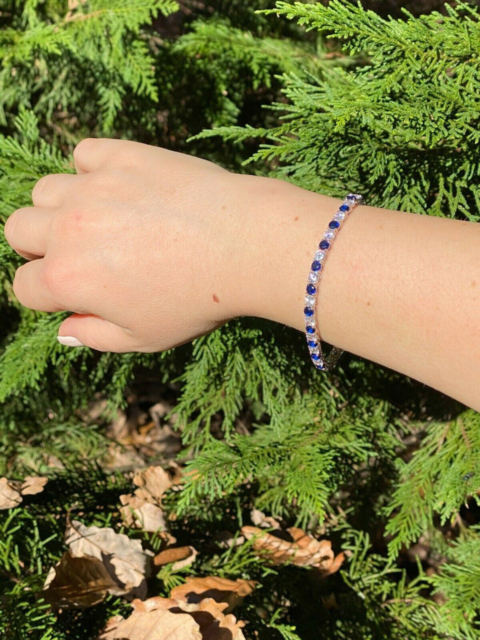 Tennis Bracelet SOLID 925 Sterling Silver Single Row Diamond and Blue Sapphire