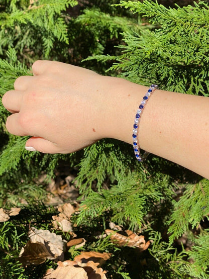 Tennis Bracelet SOLID 925 Sterling Silver Single Row Diamond and Blue Sapphire