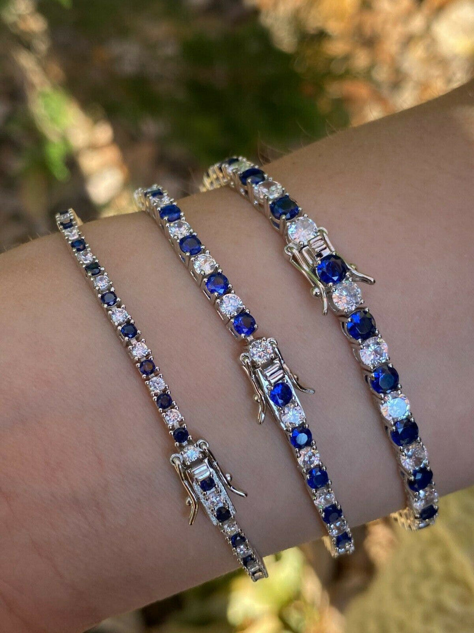 Tennis Bracelet SOLID 925 Sterling Silver Single Row Diamond and Blue Sapphire