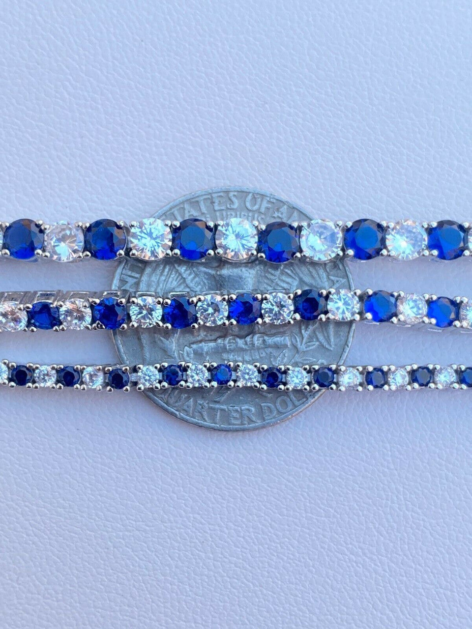 Tennis Bracelet SOLID 925 Sterling Silver Single Row Diamond and Blue Sapphire