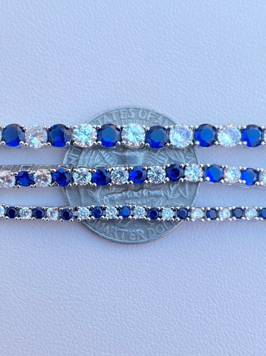 Tennis Bracelet SOLID 925 Sterling Silver Single Row Diamond and Blue Sapphire