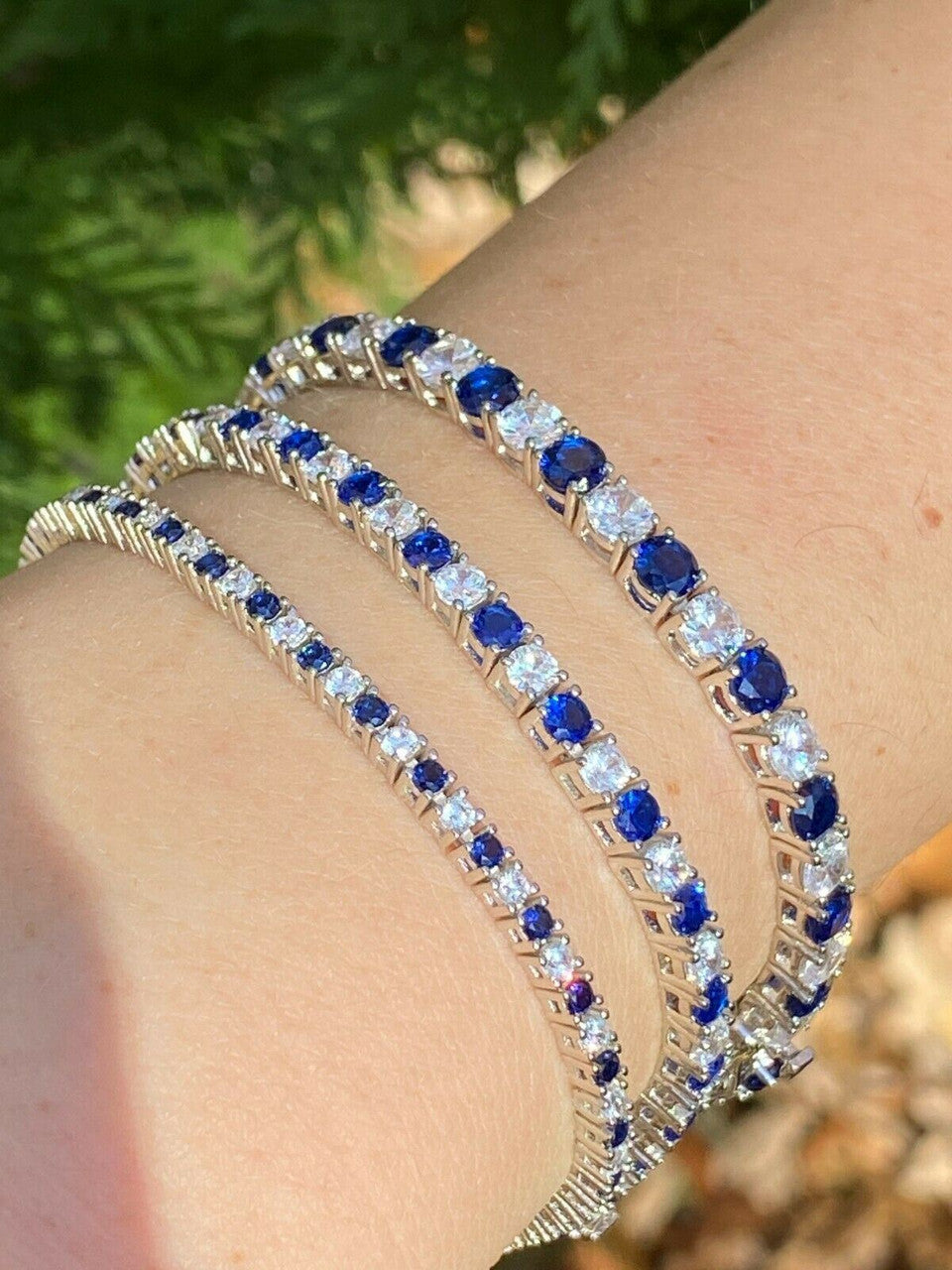 Tennis Bracelet SOLID 925 Sterling Silver Single Row Diamond and Blue Sapphire