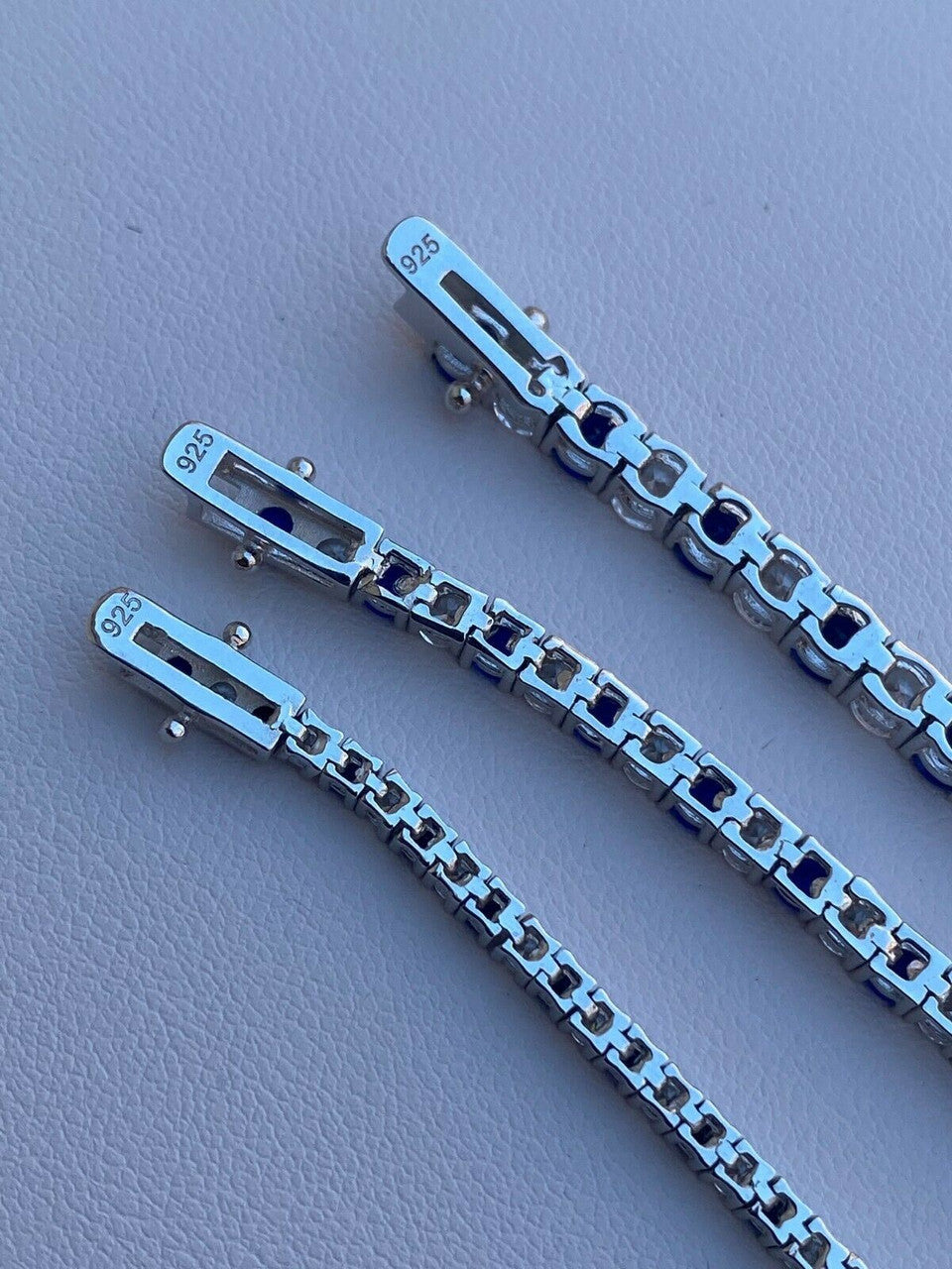 Tennis Bracelet SOLID 925 Sterling Silver Single Row Diamond and Blue Sapphire