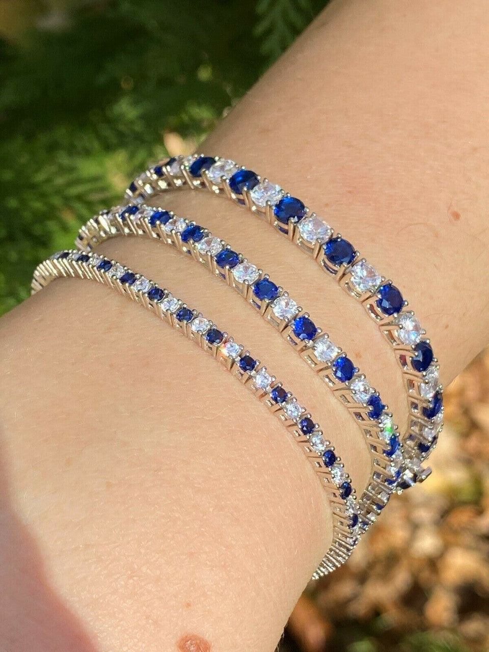 Tennis Bracelet SOLID 925 Sterling Silver Single Row Diamond and Blue Sapphire