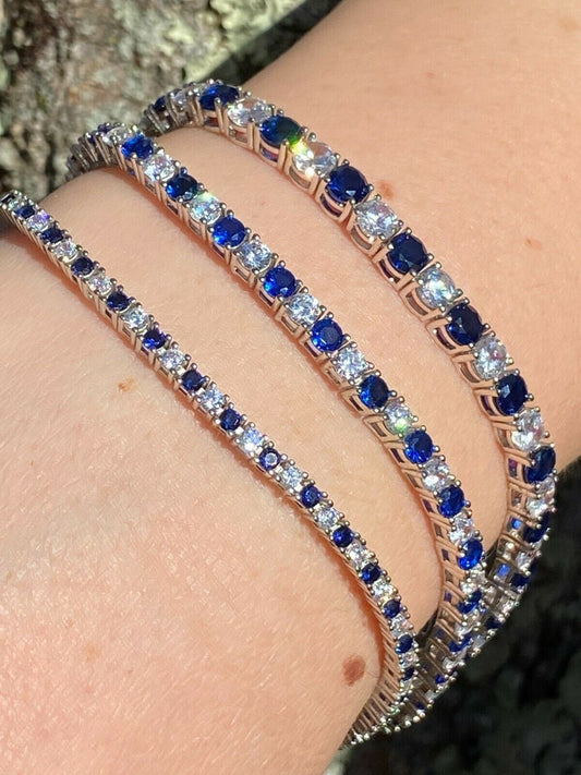 Tennis Bracelet SOLID 925 Sterling Silver Single Row Diamond and Blue Sapphire