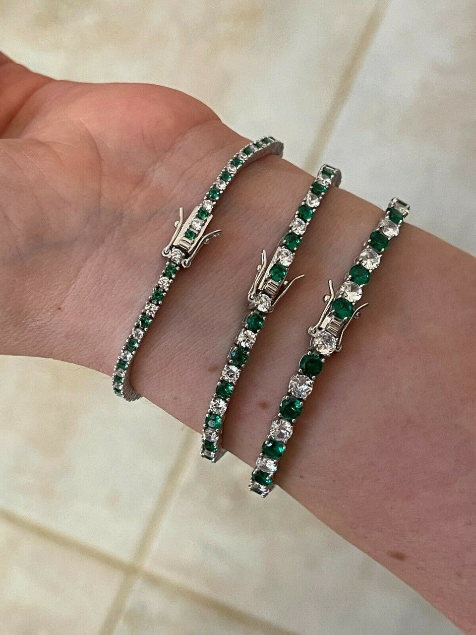 Tennis Bracelet SOLID 925 Sterling Silver Single Row Diamond and Green Emerald