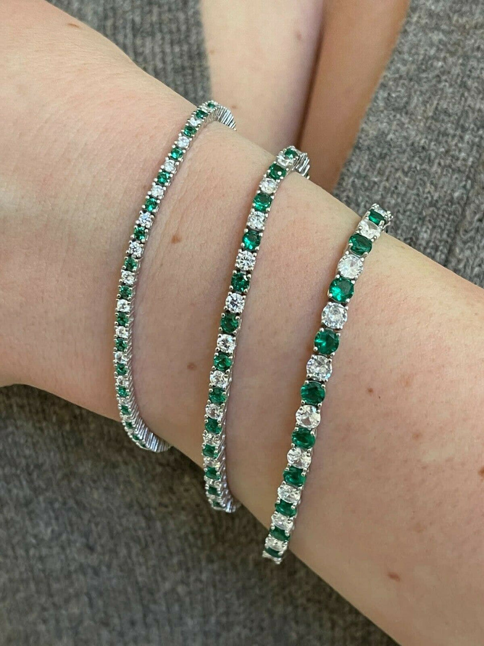 Tennis Bracelet SOLID 925 Sterling Silver Single Row Diamond and Green Emerald