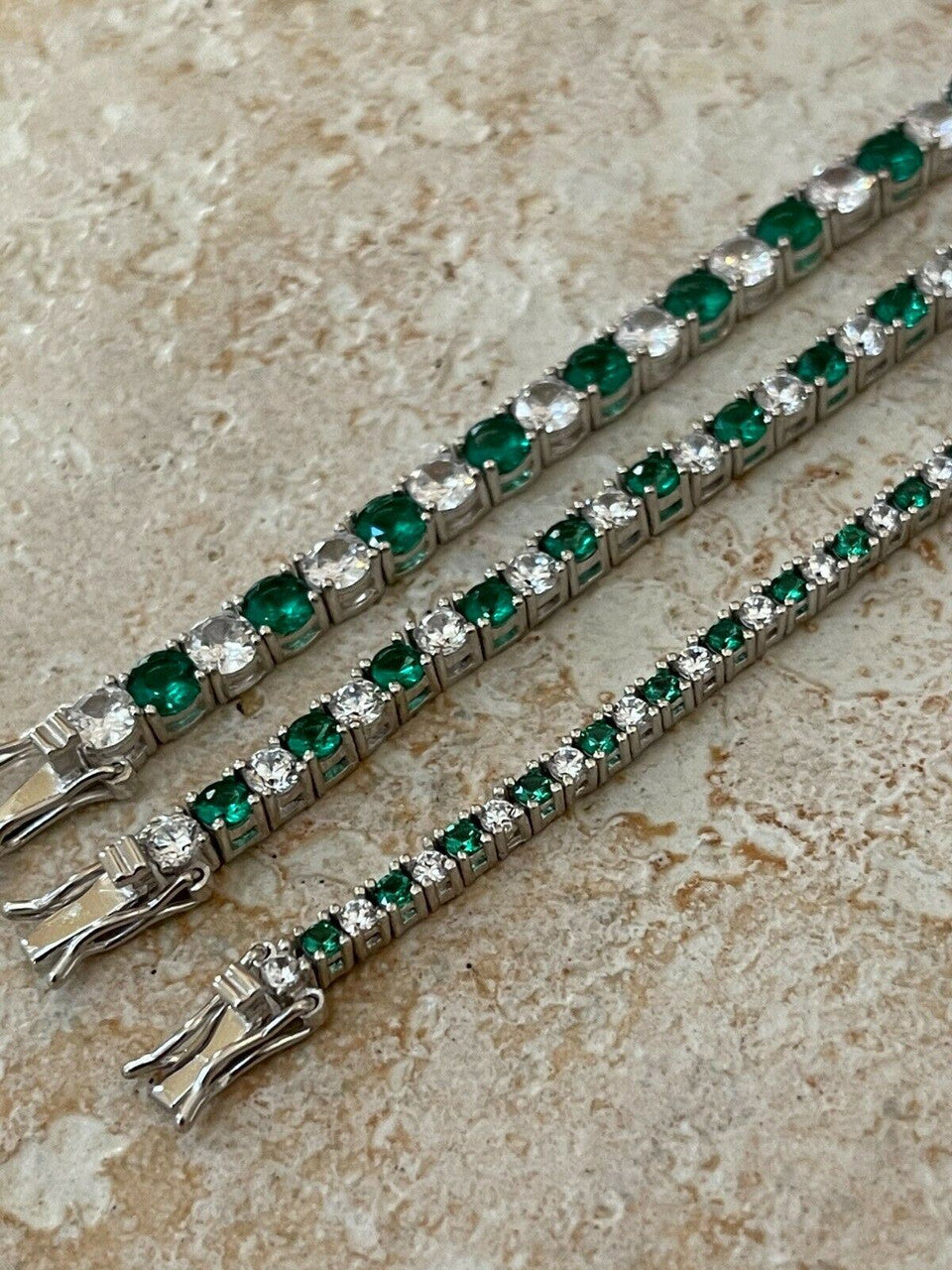 Tennis Bracelet SOLID 925 Sterling Silver Single Row Diamond and Green Emerald